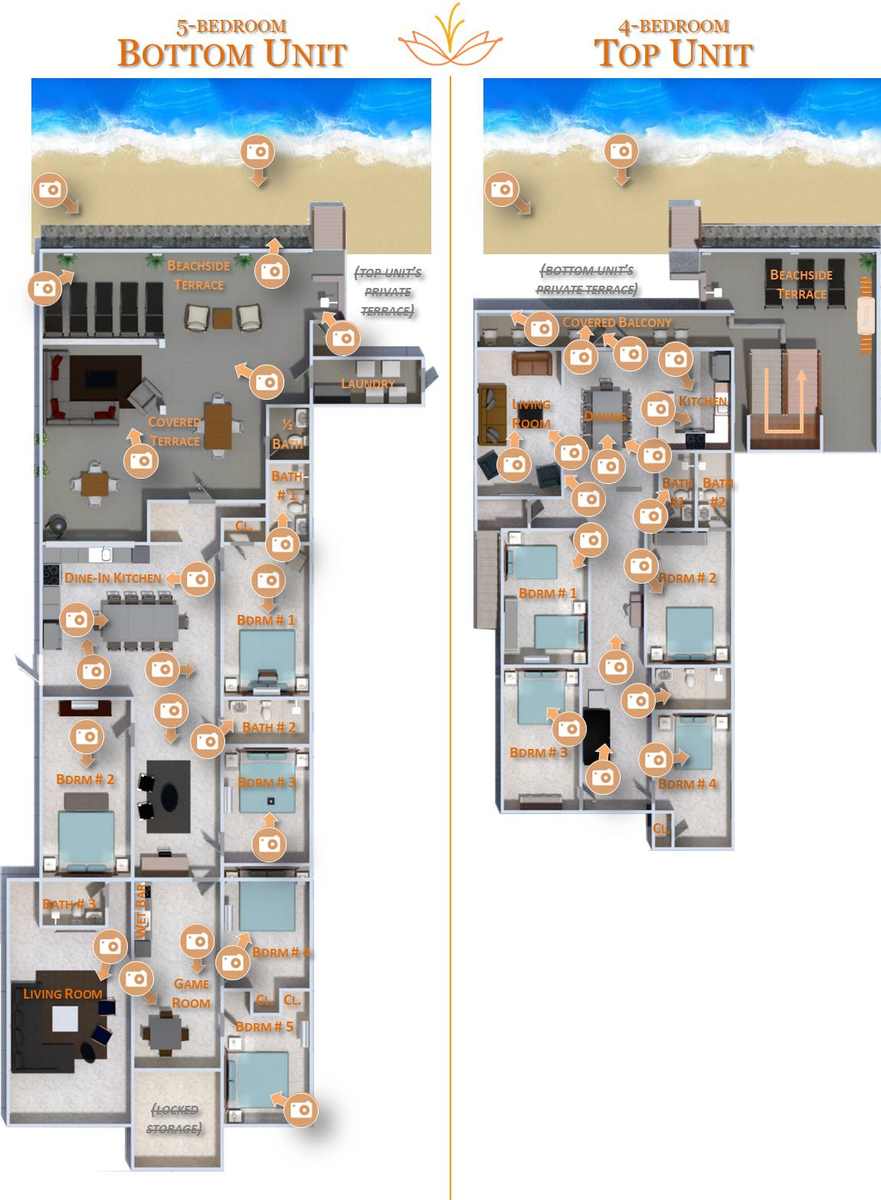 Plano rotulado de las dos villas: Bottom Unit de 5 habitaciones y Top Unit de 4 habitaciones